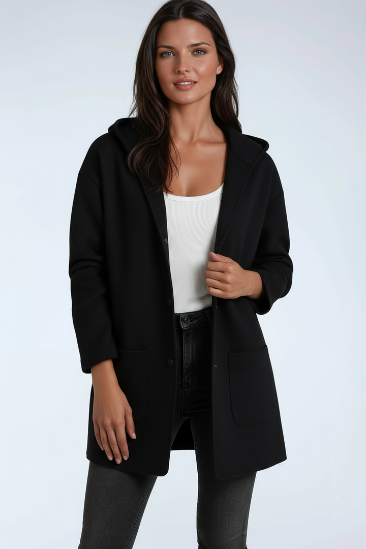 Women's hooded mid-length coat with buttons and front patch pockets