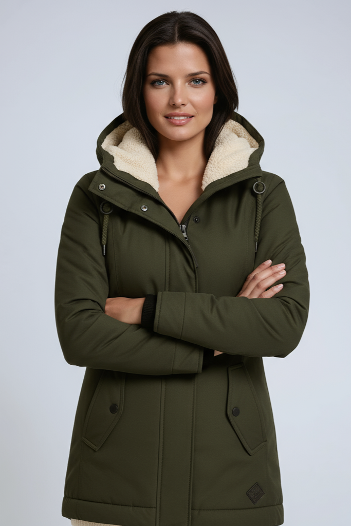 Women's hooded winter parka coat with contrasting fleece-lined hood