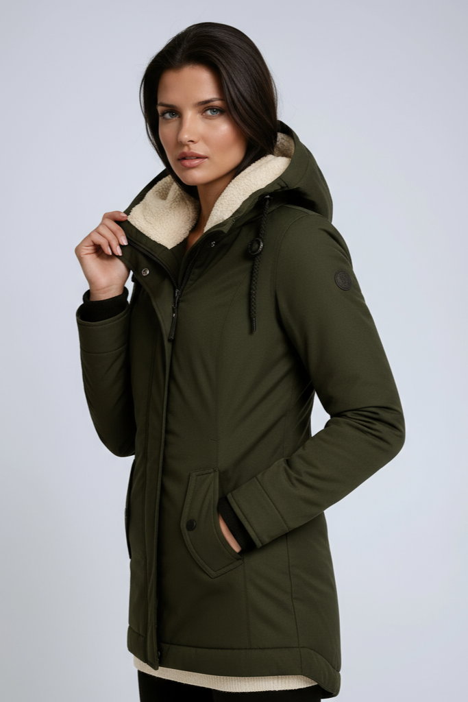 Women's hooded winter parka coat with contrasting fleece-lined hood