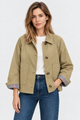 Women's short trench jacket with button front, patch pockets and checked turn-back cuffs