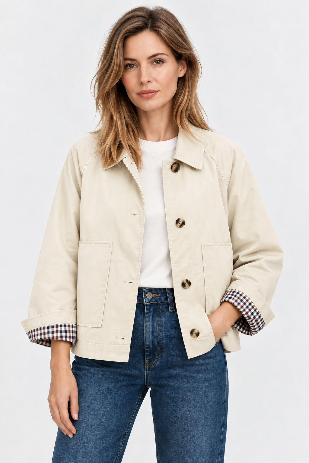Women's short trench jacket with button front, patch pockets and checked turn-back cuffs