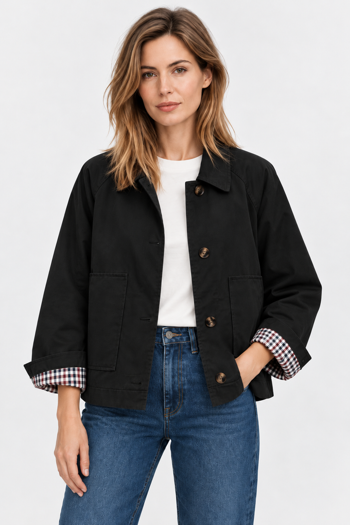 Women's short trench jacket with button front, patch pockets and checked turn-back cuffs