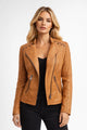 Women's faux leather biker jacket with asymmetric collar and zip pockets