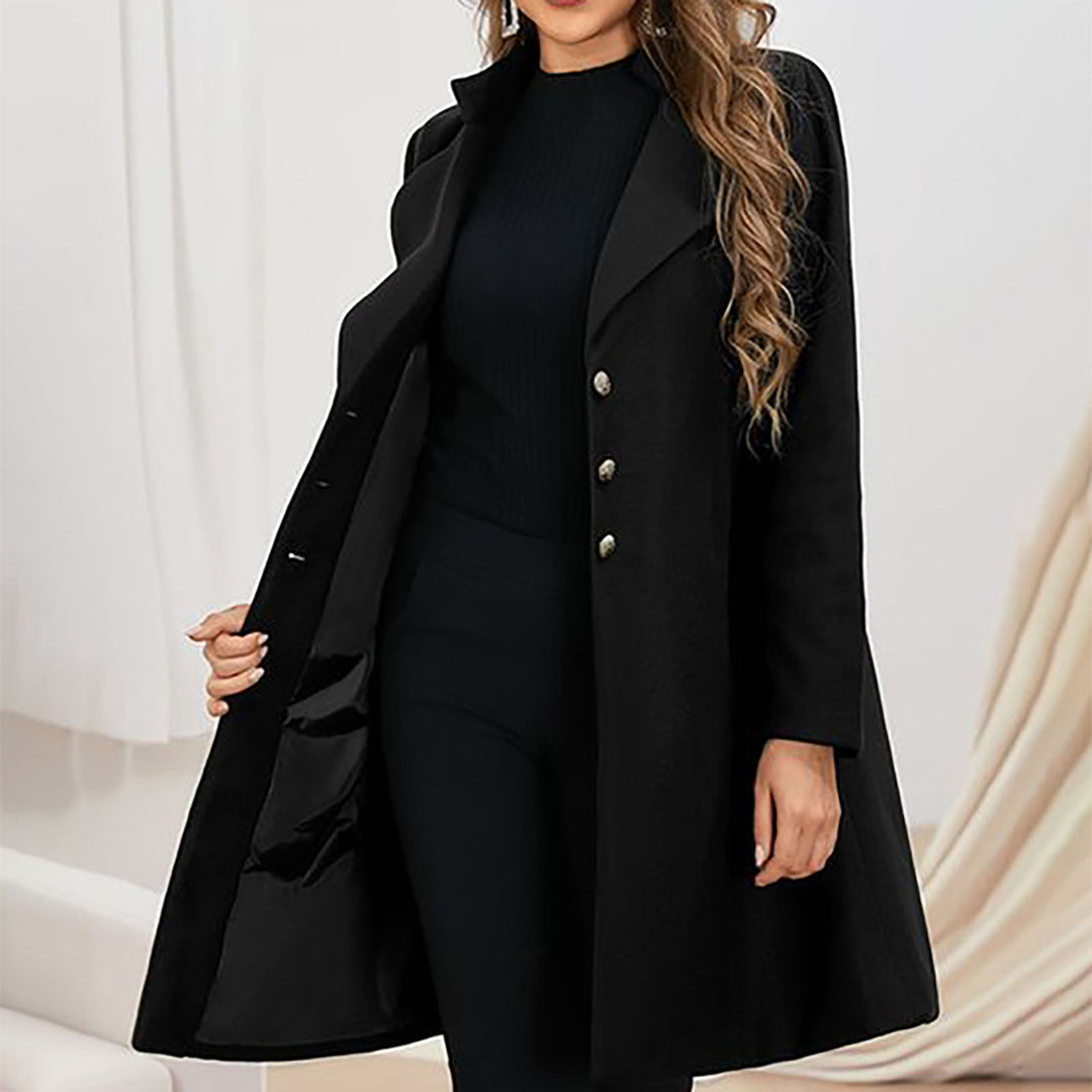 Women's long tailored coat with notched lapels and button front