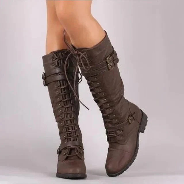 Women's knee-high lace-up boots with buckle straps and low heels