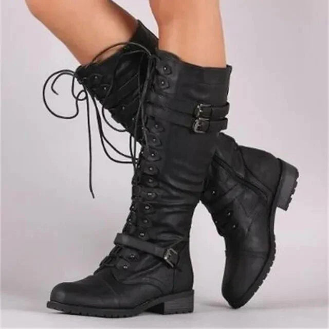 Women's knee-high lace-up boots with buckle straps and low heels