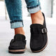 Women's slip-on loafers with buckle straps, rounded toes and flat soles