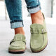 Women's slip-on loafers with buckle straps, rounded toes and flat soles