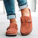Women's slip-on loafers with buckle straps, rounded toes and flat soles