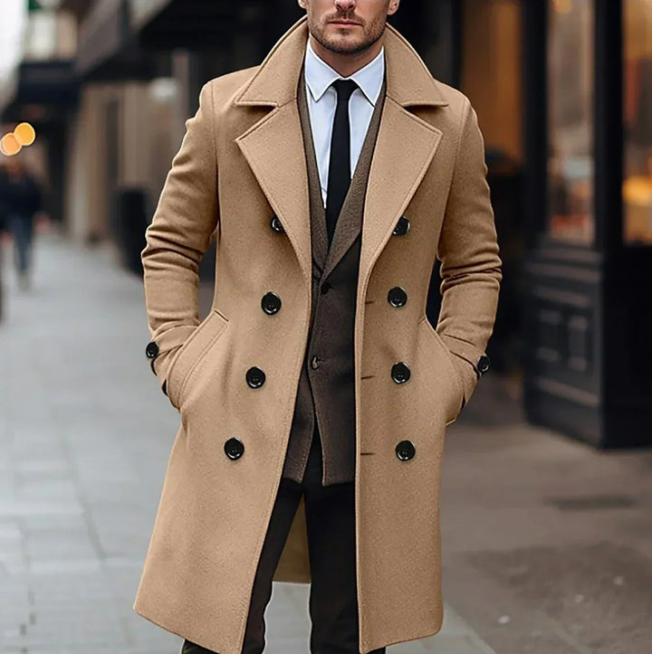 Men's long double-breasted coat with notched lapels and side pockets