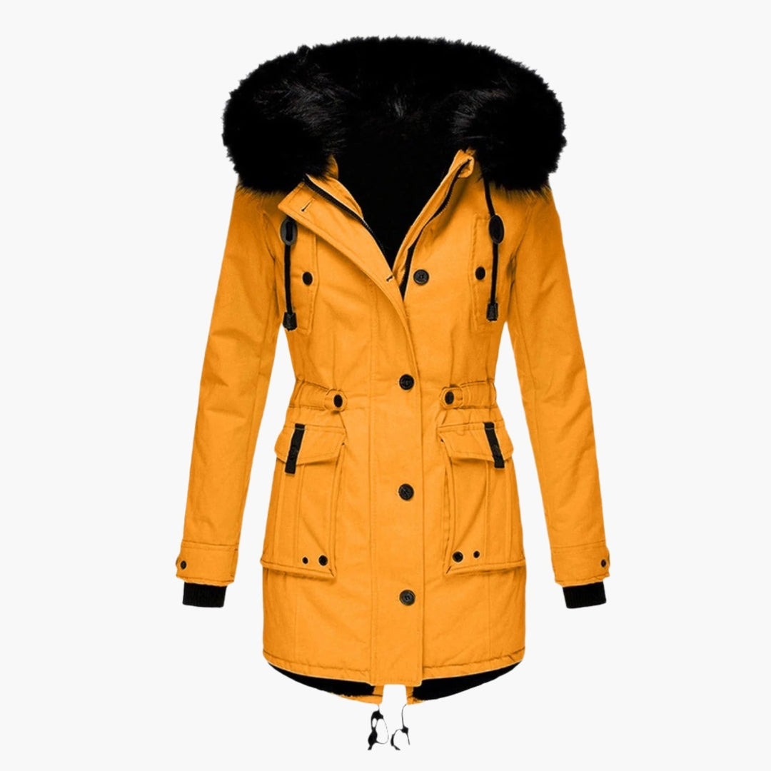 Women's longline hooded parka coat with faux fur trim