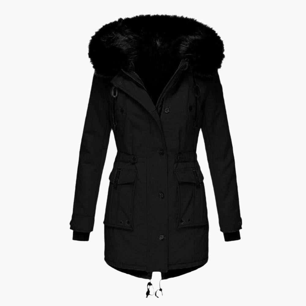 Women's longline hooded parka coat with faux fur trim