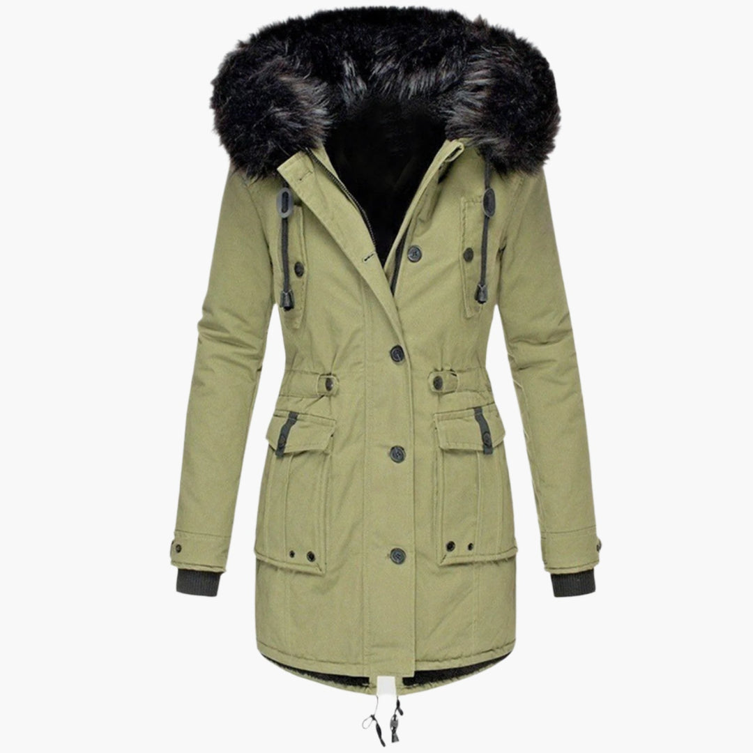 Women's longline hooded parka coat with faux fur trim