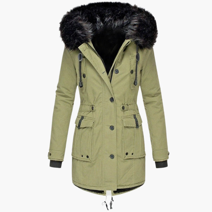 Women's longline hooded parka coat with faux fur trim