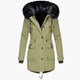 Women's longline hooded parka coat with faux fur trim