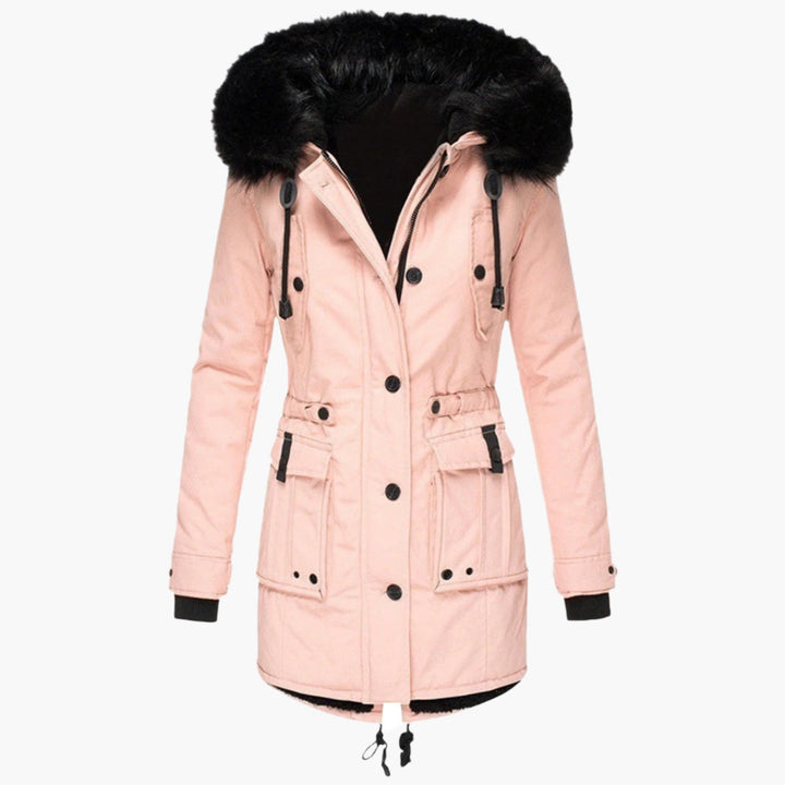 Women's longline hooded parka coat with faux fur trim