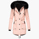 Women's longline hooded parka coat with faux fur trim