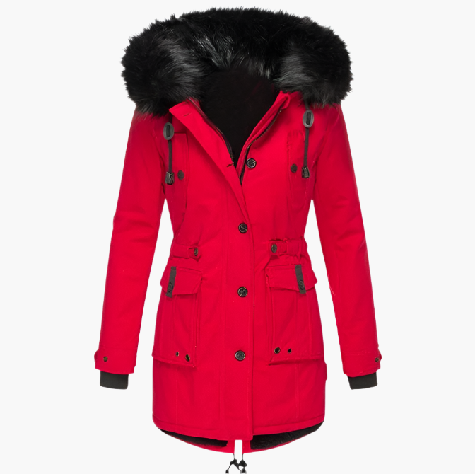Women's longline hooded parka coat with faux fur trim