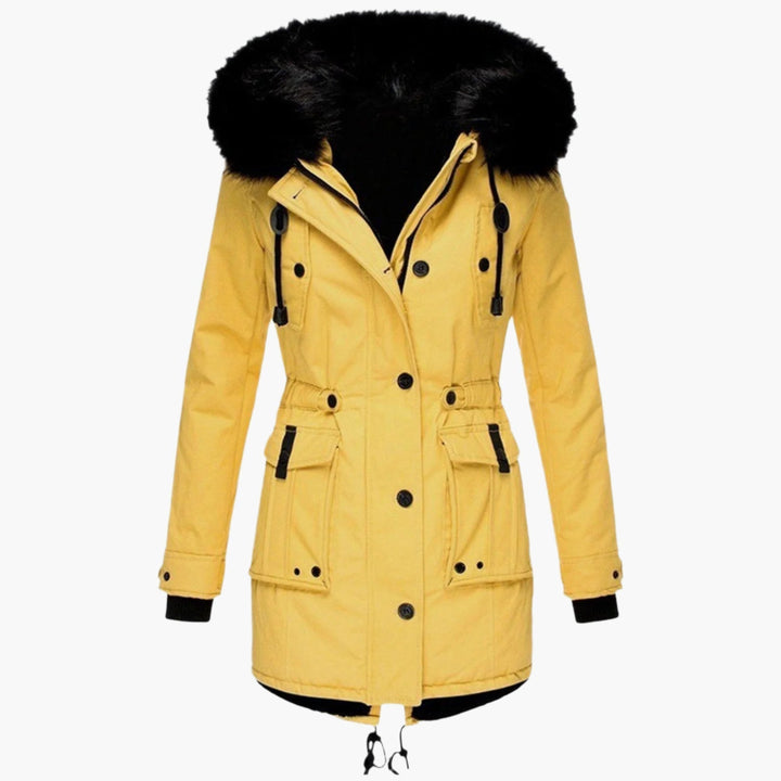 Women's longline hooded parka coat with faux fur trim