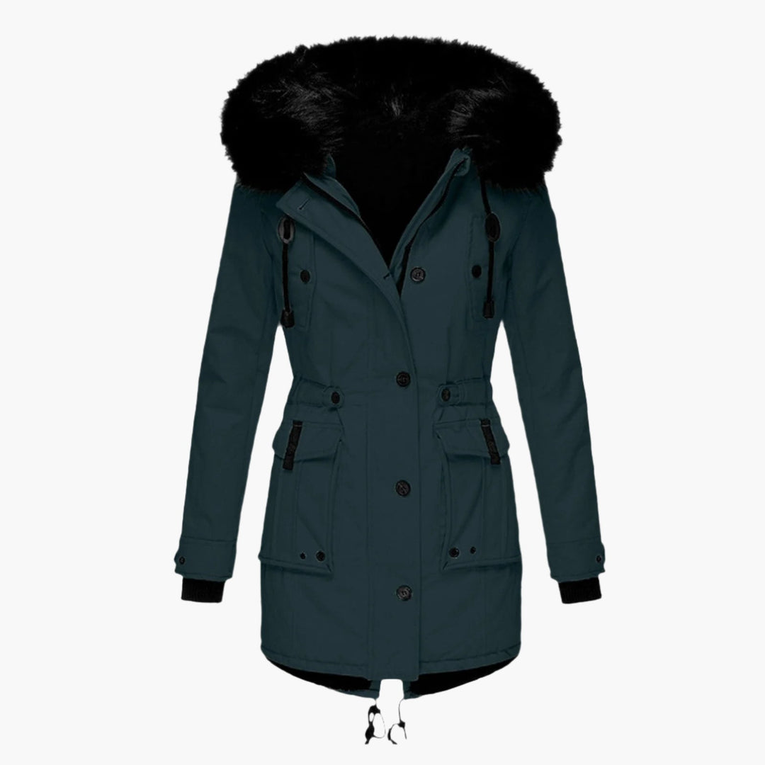 Women's longline hooded parka coat with faux fur trim