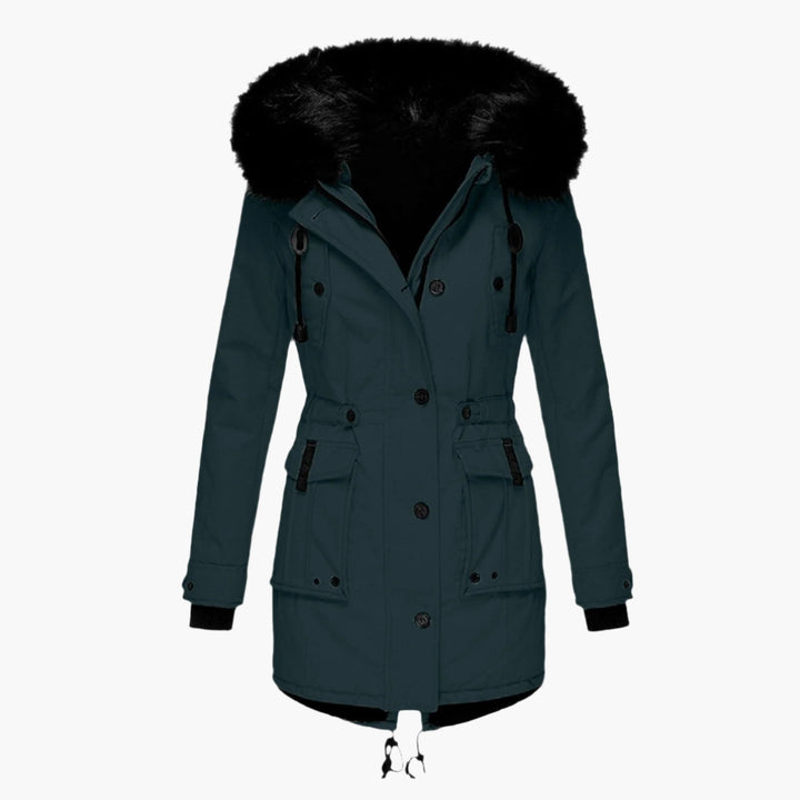 Women's longline hooded parka coat with faux fur trim