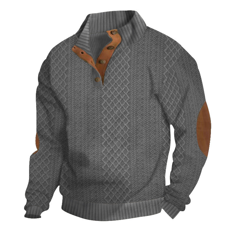 Men's textured knit sweater with mock neck, button placket and elbow patches