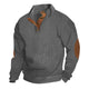 Men's textured knit sweater with mock neck, button placket and elbow patches