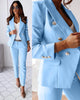 Women's double-breasted blazer and matching trousers with notched lapels and metallic-tone buttons
