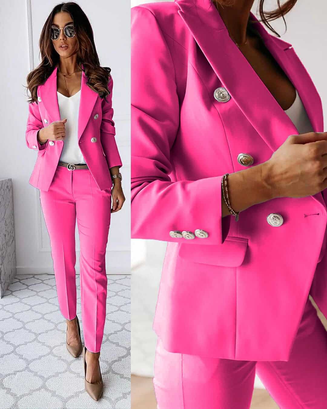 Women's double-breasted blazer and matching trousers with notched lapels and metallic-tone buttons