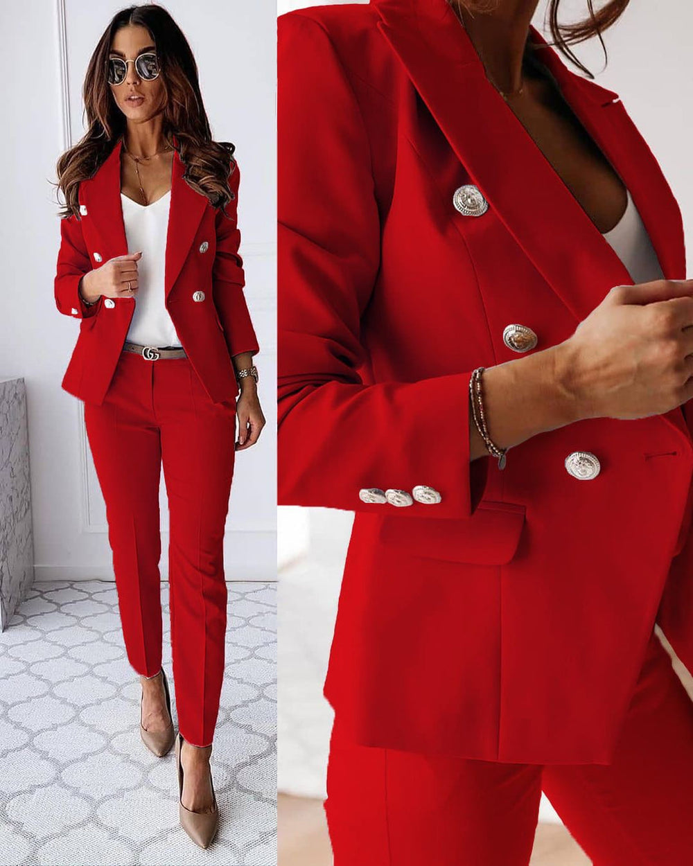 Women's double-breasted blazer and matching trousers with notched lapels and metallic-tone buttons