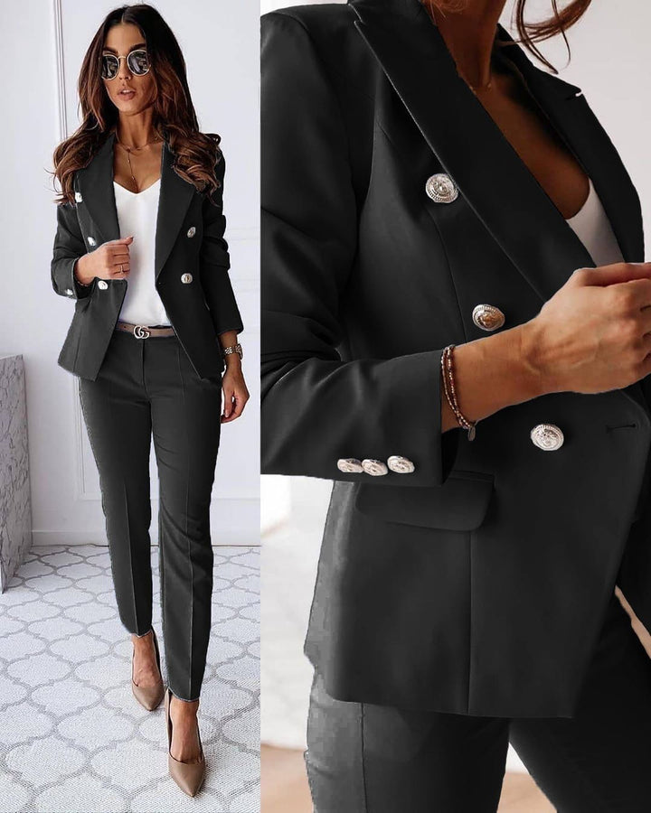 Women's double-breasted blazer and matching trousers with notched lapels and metallic-tone buttons