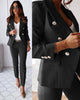 Women's double-breasted blazer and matching trousers with notched lapels and metallic-tone buttons