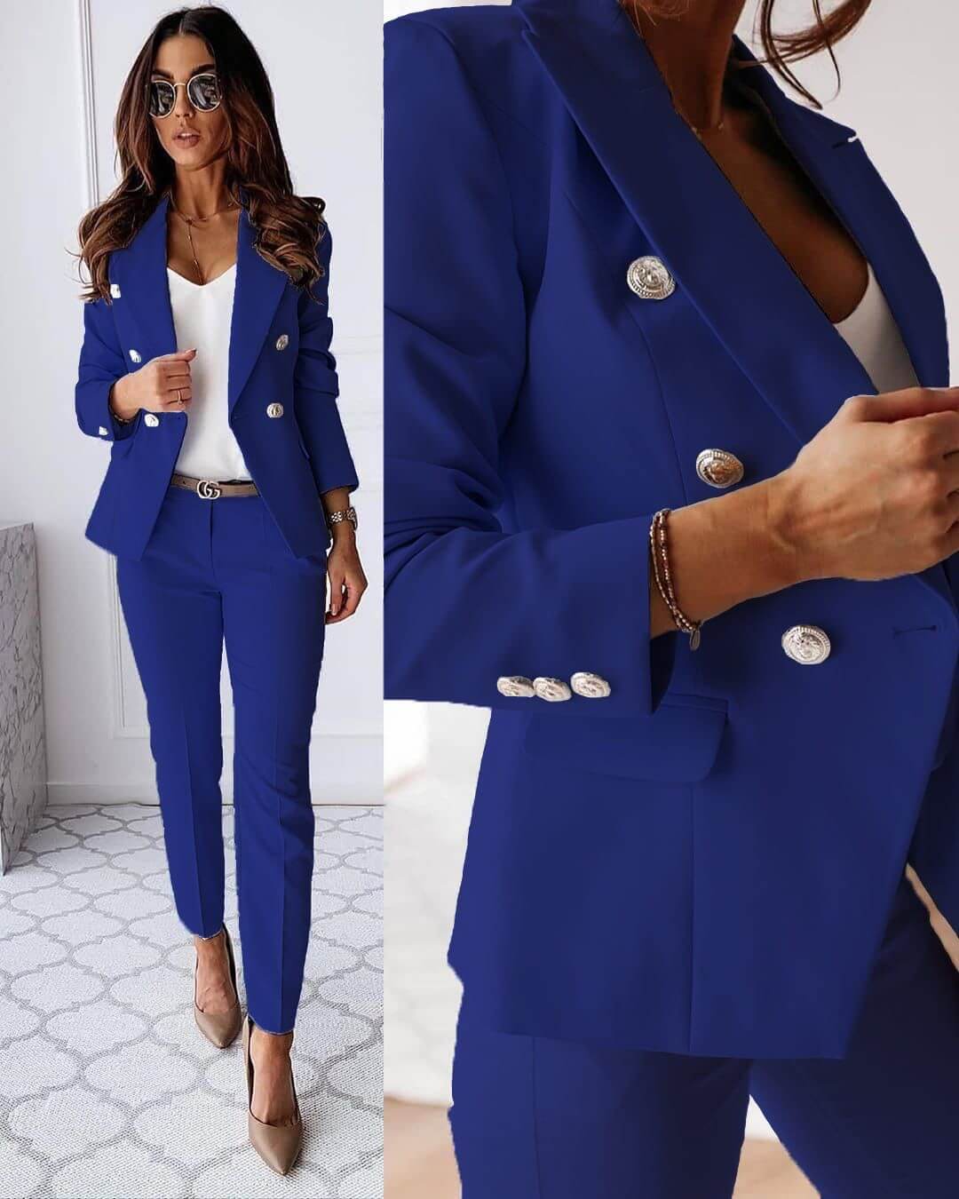 Women's double-breasted blazer and matching trousers with notched lapels and metallic-tone buttons