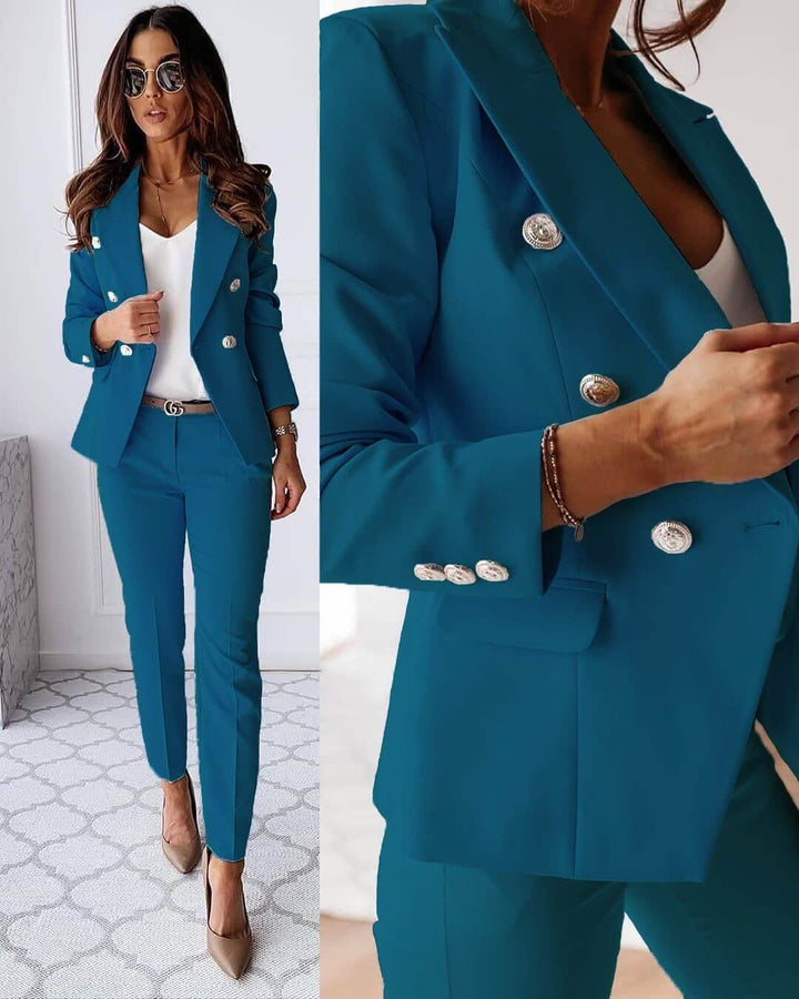 Women's double-breasted blazer and matching trousers with notched lapels and metallic-tone buttons