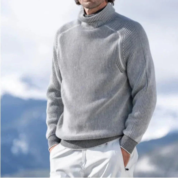 Men's ribbed turtleneck sweater shown in black and white