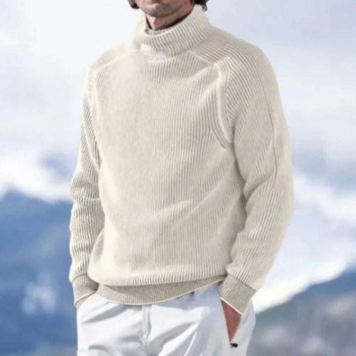 Men's ribbed turtleneck sweater shown in black and white