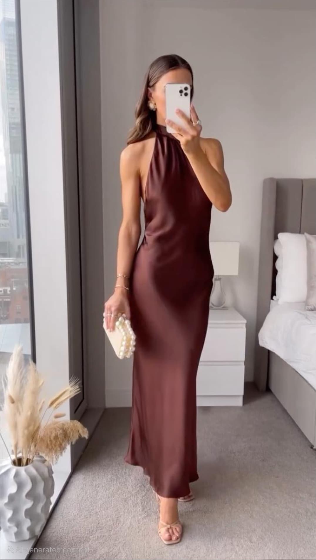 Women's brown sleeveless halter maxi dress with a slim floor-length silhouette