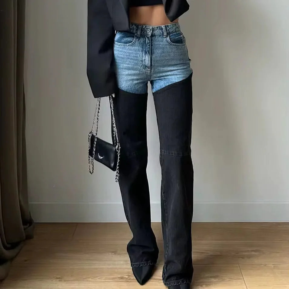 Women's two-tone blue and black high-rise straight-leg jeans