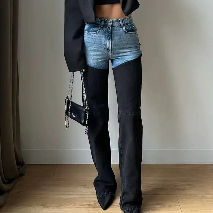 Women's two-tone blue and black high-rise straight-leg jeans