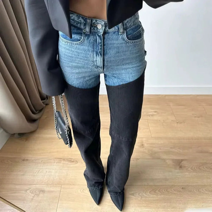 Women's two-tone blue and black high-rise straight-leg jeans