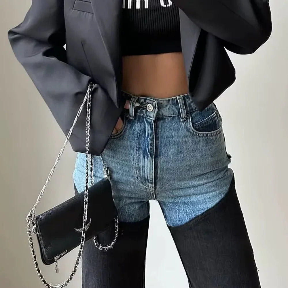 Women's two-tone blue and black high-rise straight-leg jeans