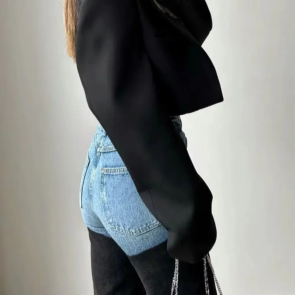 Women's two-tone blue and black high-rise straight-leg jeans