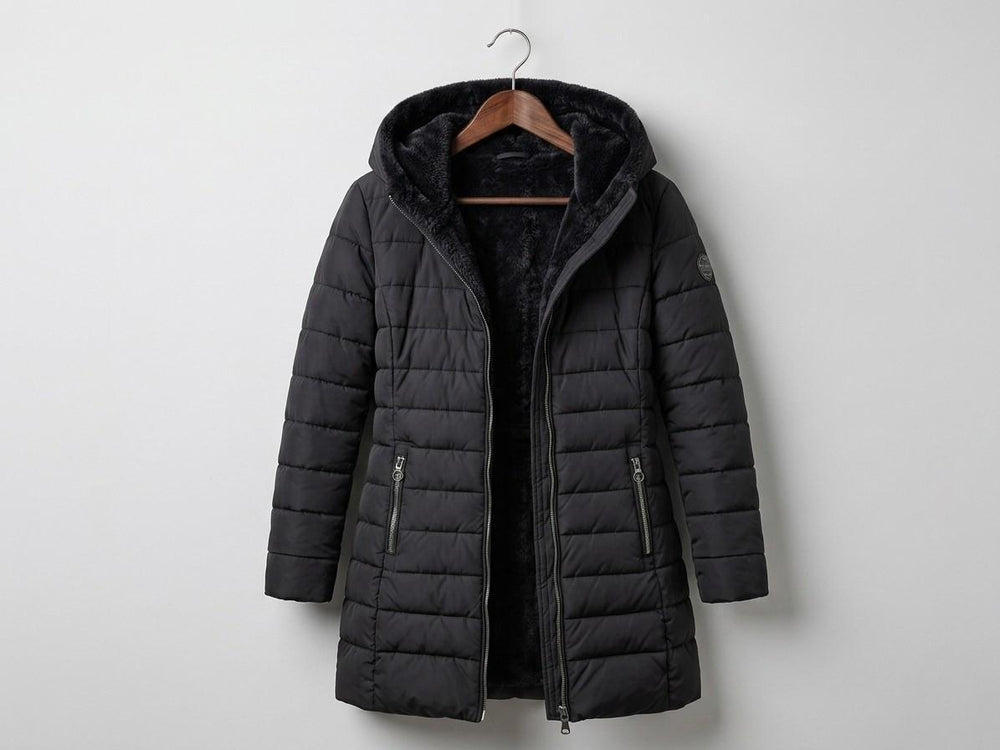Women's quilted hooded coat with long sleeves and zip pockets