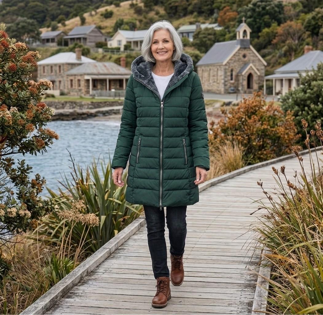 Women's quilted hooded coat with long sleeves and zip pockets