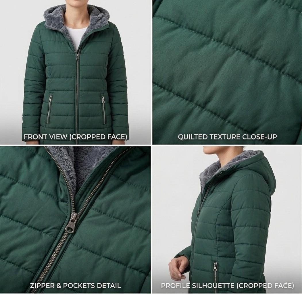 Women's quilted hooded coat with long sleeves and zip pockets