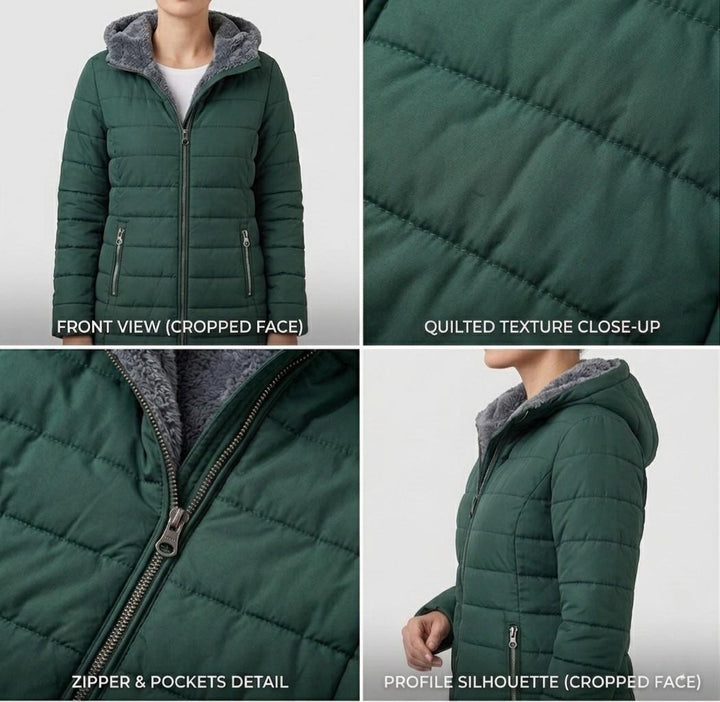 Women's quilted hooded coat with long sleeves and zip pockets