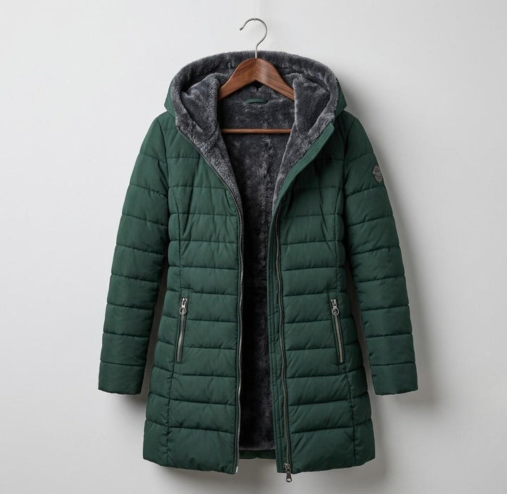 Women's quilted hooded coat with long sleeves and zip pockets