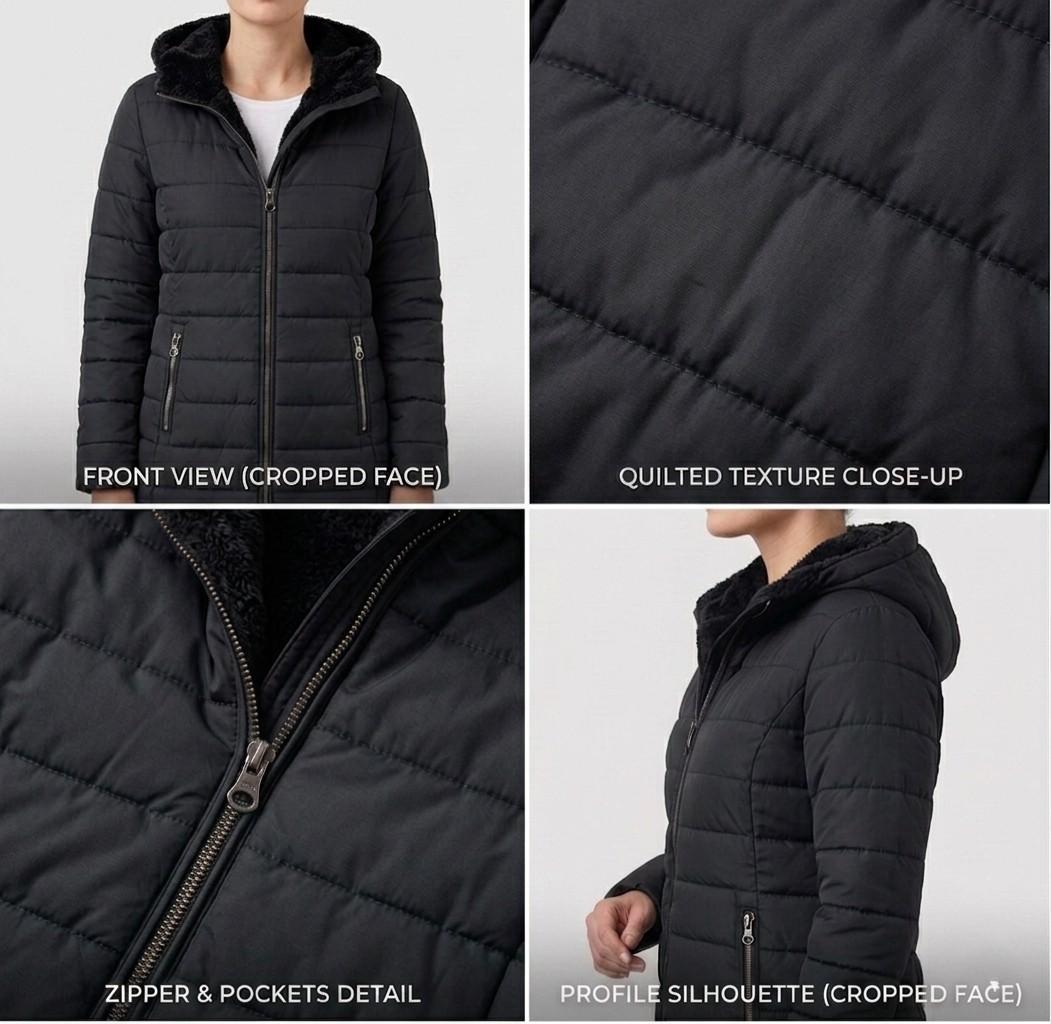 Women's quilted hooded coat with long sleeves and zip pockets