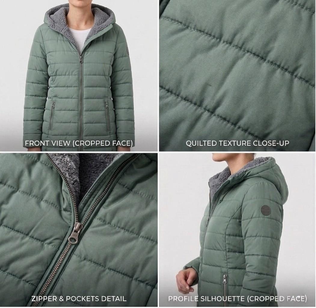 Women's quilted hooded coat with long sleeves and zip pockets