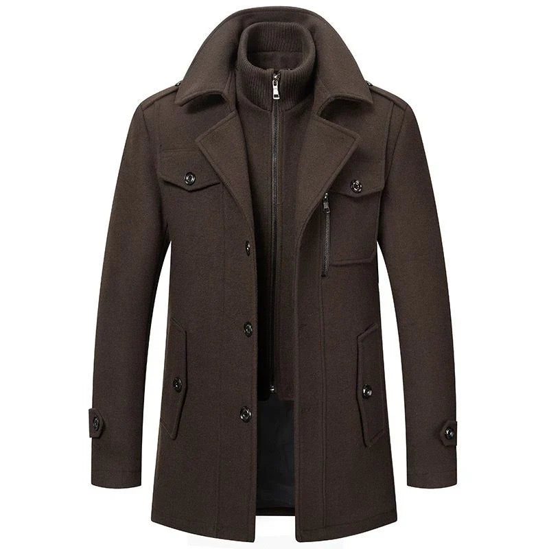 Men's long two-piece coat with mock neck, lapels, pockets, and long sleeves